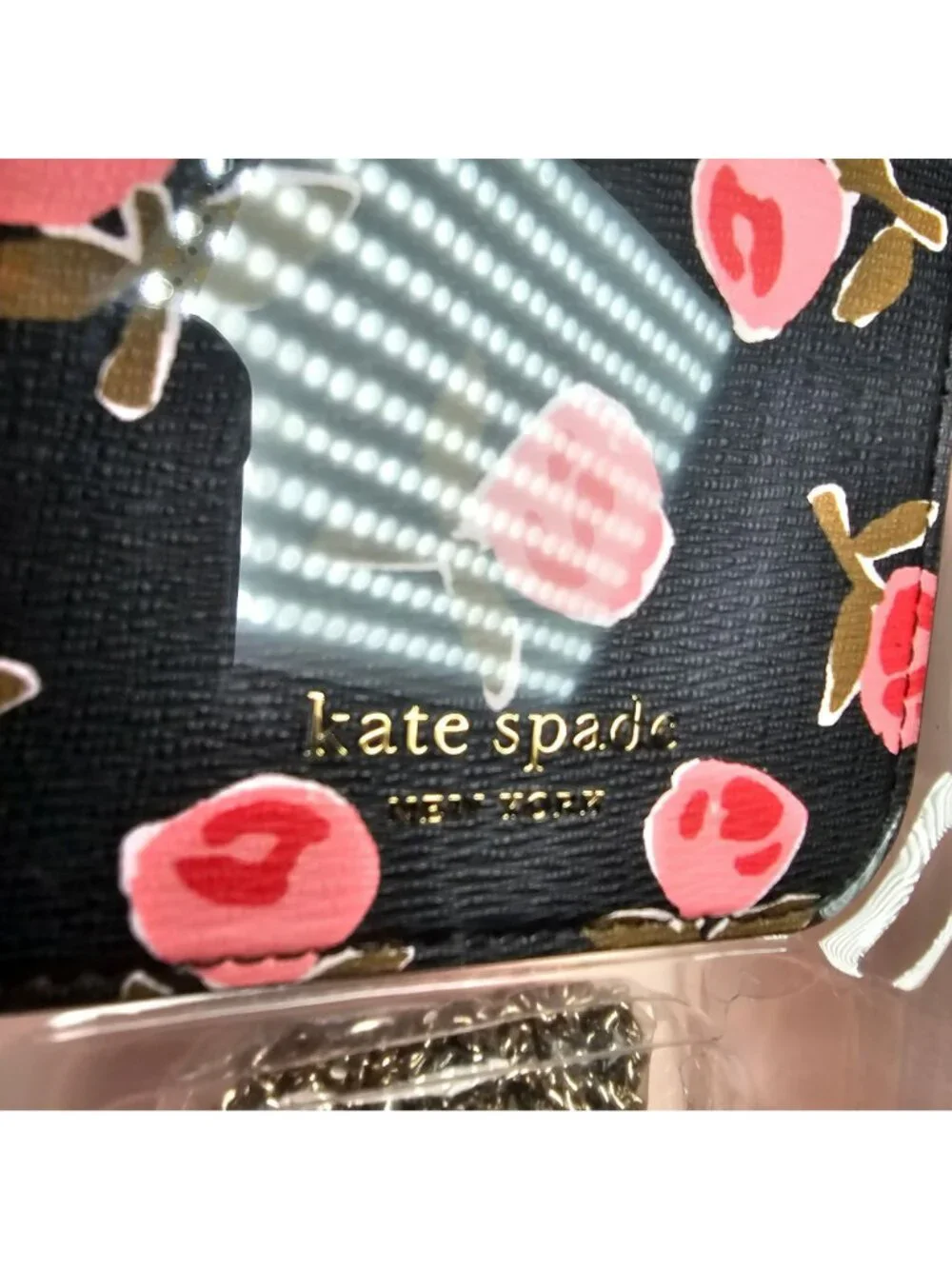 Kate Spade New York Floral iPhone Wallet Case With Chain NEW Black w/ Pink Roses